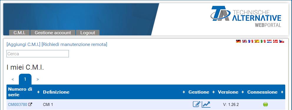 8. Dopo l'aggiornamento della pagina, il C.M.I. viene visualizzato nella lista I miei C.M.I.. Facendo clic sul numero di serie, si accede al menu C.M.I. Le altre modalità di funzionamento sono descritte nella Guida online (help.