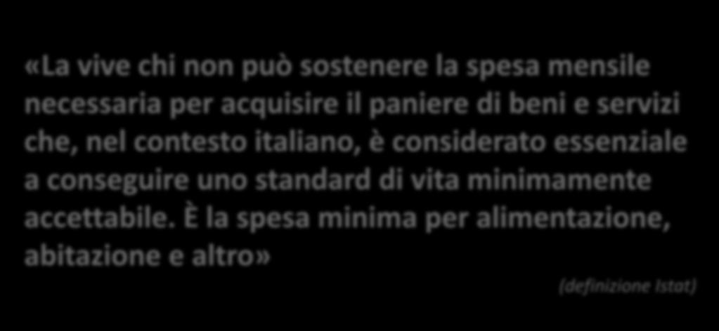 Povertà = povertà assoluta «La vive chi non può sostenere la spesa mensile necessaria per acquisire il paniere di beni e servizi che, nel contesto italiano, è