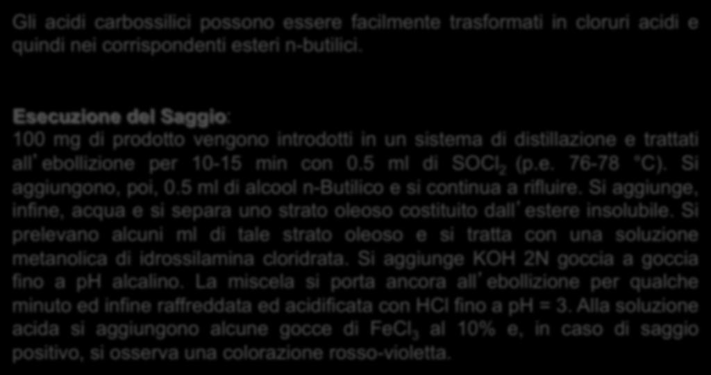 Gli acidi carbossilici possono essere facilmente trasformati in cloruri acidi e quindi nei corrispondenti esteri n-butilici.