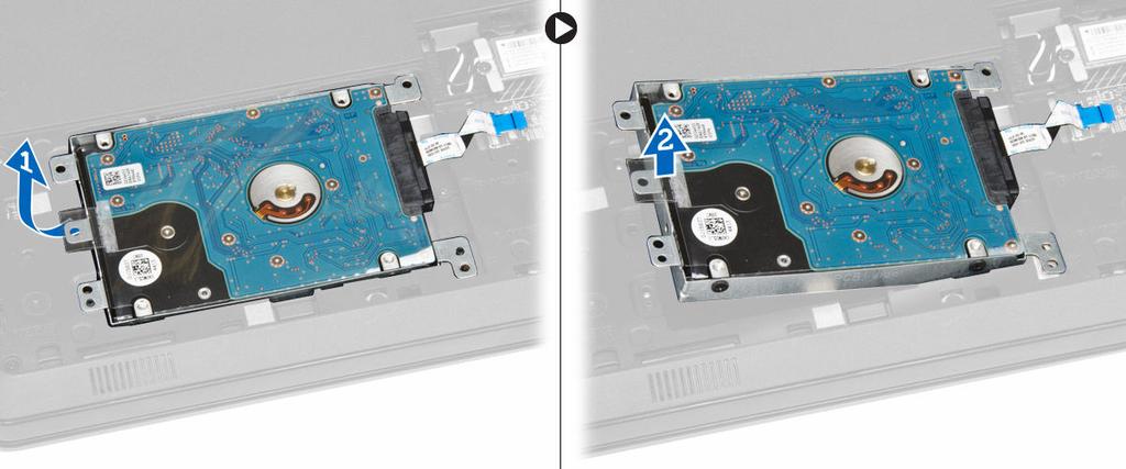 Effettuare le seguenti operazioni come illustrato nella figura: a. Sollevare il disco rigido per rimuoverlo dal computer [1,2].