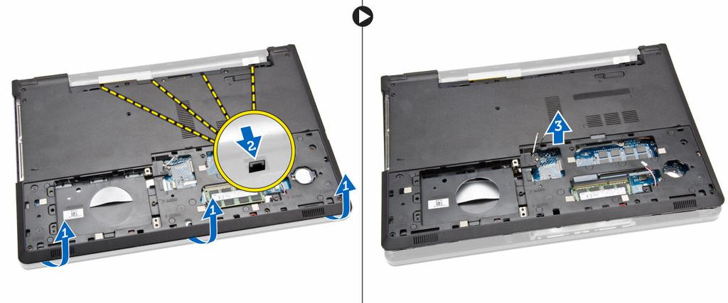 Installazione del coperchio della base 1. Collocare il coperchio della base sul telaio e premere le tacche fino a che non si bloccano in posizione. 2.