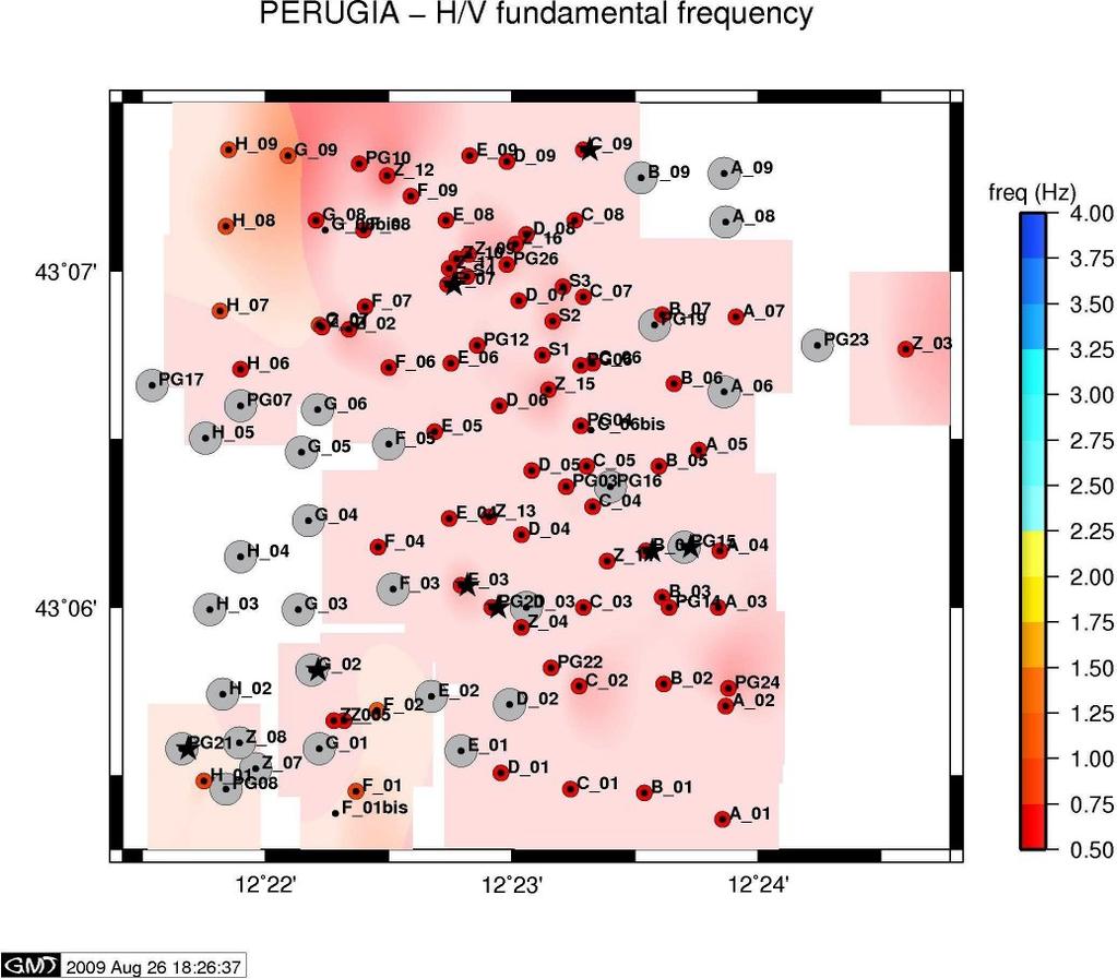 2.3 Stima della risposta di sito per la microzonazione della città di Perugia 153 Figura 2.3.9 - Frequenza del picco H/V nella banda 0.3-1.3 Hz (in alto) e 1.3-10 Hz (in basso).