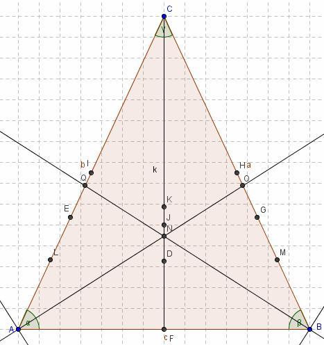 Caratteristiche delle fondamentali figure geometriche: Esercizio n 27 Triangolo isoscele: Prendere i punti A(2,2) B(24,2) C(13,24) ed unirli con lo strumento Poligono per formare il triangolo ABC.