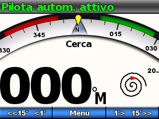 Funzionamento del pilota automatico per motoscafi Navigazione del percorso Cerca 1. Nella schermata della direzione, selezionare Menu > Guida con GPS > Cerca > Attiva. 2.