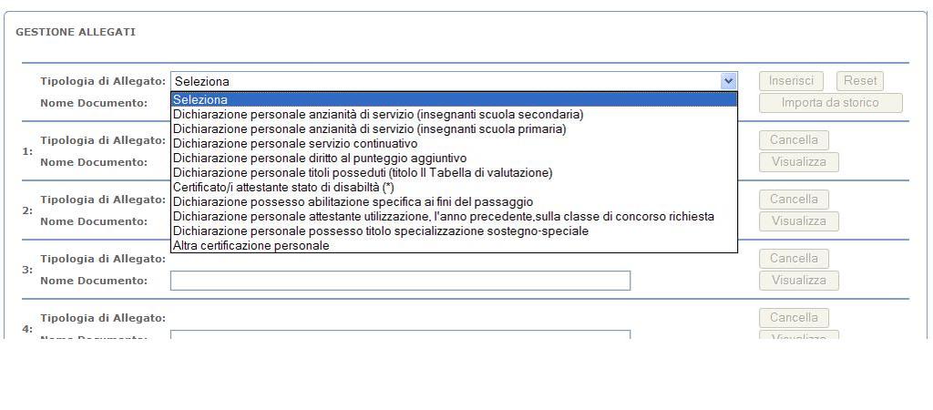 secondaria II -042016.doc Inserimento di un allegato. Cliccare sulla freccia e aprire il menù a tendina. Viene visualizzato l elenco di tutti i possibili documenti da allegare alla domanda.