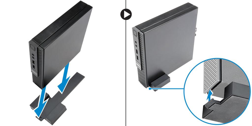 Installazione del supporto verticale Dell OptiPlex Micro Allineare il computer sul supporto verticale e assicurarsi che la linguetta sul supporto verticale si inserisca nella tacca o scanalatura sul