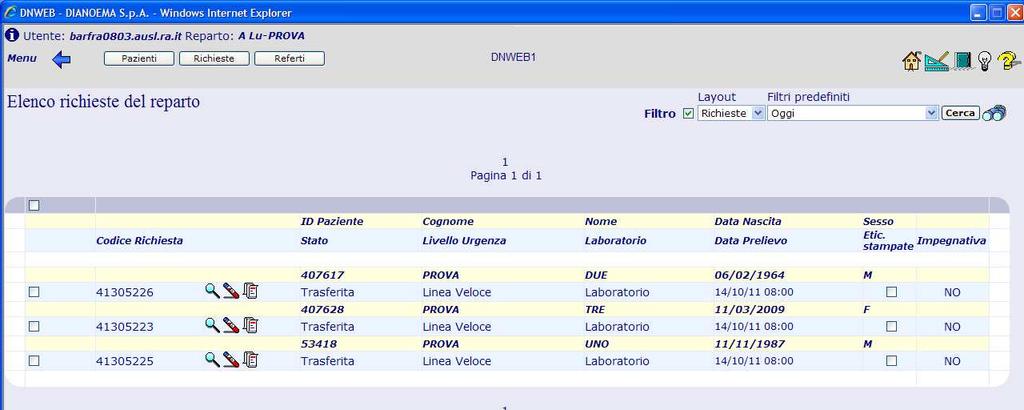 Pag. 38 4.14. VISUALIZZA I RISULTATI E STAMPA REFERTI Dall Elenco richieste del reparto si accede a: 1.