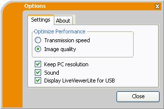 Strumenti di presentazione Display USB (continua) Finestra Opzioni Se si seleziona il tasto opzione sul menu Mobile, viene visualizzata la finestra Opzioni.