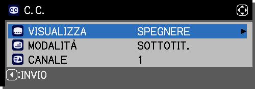 Menu SCHERMO Voce C.C. (Closed Caption) Descrizione Grazie alla funzione C.C. si visualizzano frasi, dialoghi o altri suoni da un video, da file o da altre presentazioni.
