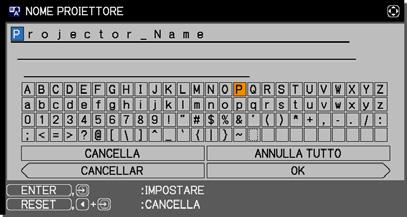 Voce NOME PROIETTORE Descrizione (1) Tramite i pulsanti / del menu RETE selezionare NOME PROIETTORE e premere. Si visualizza il dialogo NOME PROIETTORE.