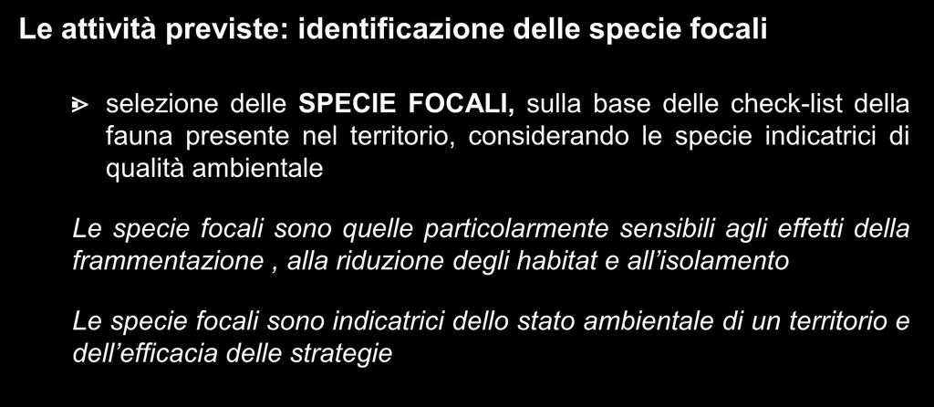 Le attività previste: identificazione delle specie focali selezione delle SPECIE FOCALI, sulla base delle check-list della fauna presente nel territorio, considerando le specie indicatrici di qualità