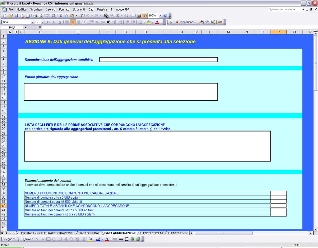 SEZIONE B: DATI GENERALI DELL AGGREGAZIONE CHE SI PRESENTA ALLA SELEZIONE Indicare nel campo in alto la denominazione dell aggregazione Scegliere dal menu a tendina la forma giuridica dell