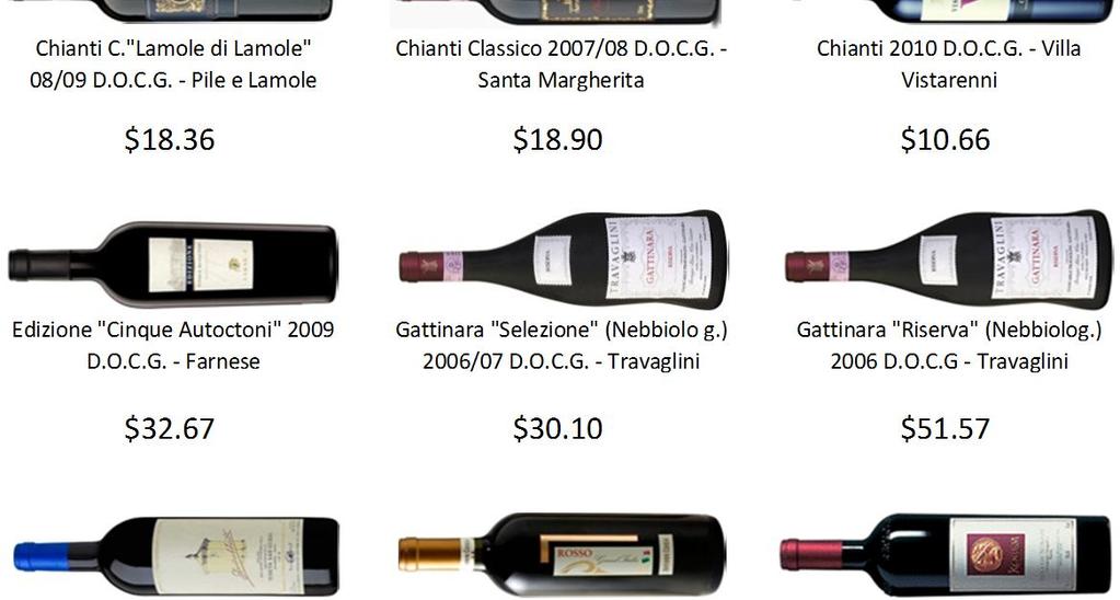 RoccaGuicciarda 09 D.O.C.G. B Ricasoli $15.00 $23.25 $60.00 $16.05 Chianti C."Lamole di Lamole" 08/09 D.O.C.G. - Pile e Lamole Chianti Classico 2007/08 D.O.C.G. - Santa Margherita Chianti 2010 D.O.C.G. - Villa Vistarenni Dolcetto d' Alba 2011 D.