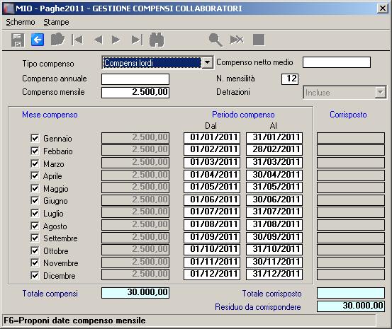 Premendo nella lente relativa alla Periodicità compenso si apre la videata illustrata di seguito, nella quale si da la possibilità di inserire le seguenti informazioni: Tipo compenso Compenso netto