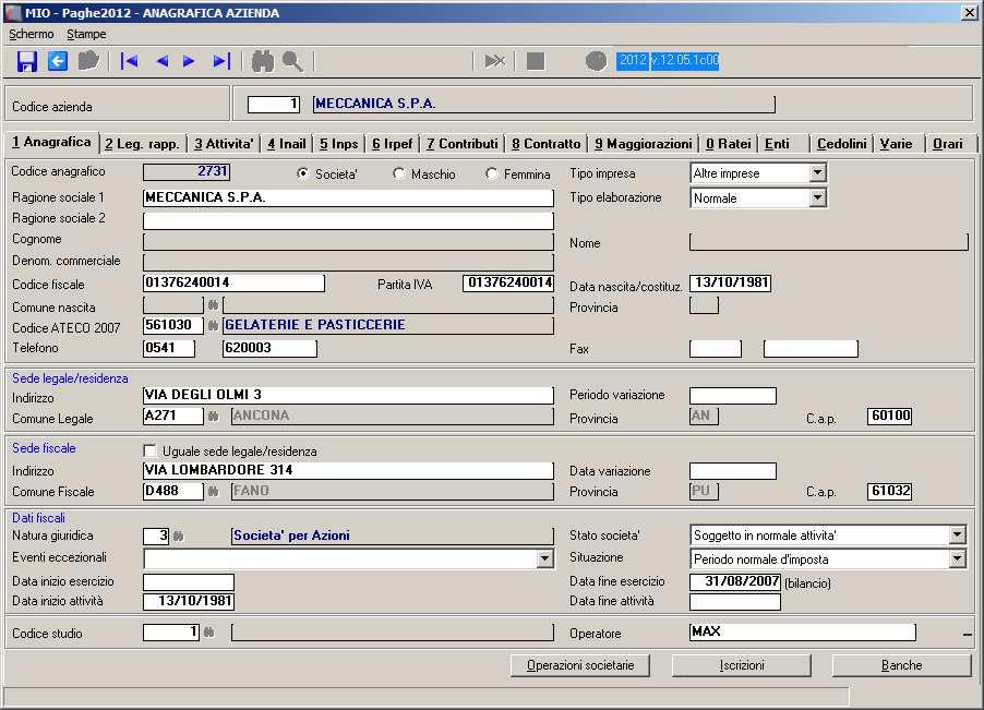 ANAGRAFICA AZIENDA FOLDER 1 : Anagrafica I campi di questa videata che concorrono ad una corretta compilazione dell F24 e dell Uniemens sono Codice ATECO 2007: Codice questo che andrà inserito nell