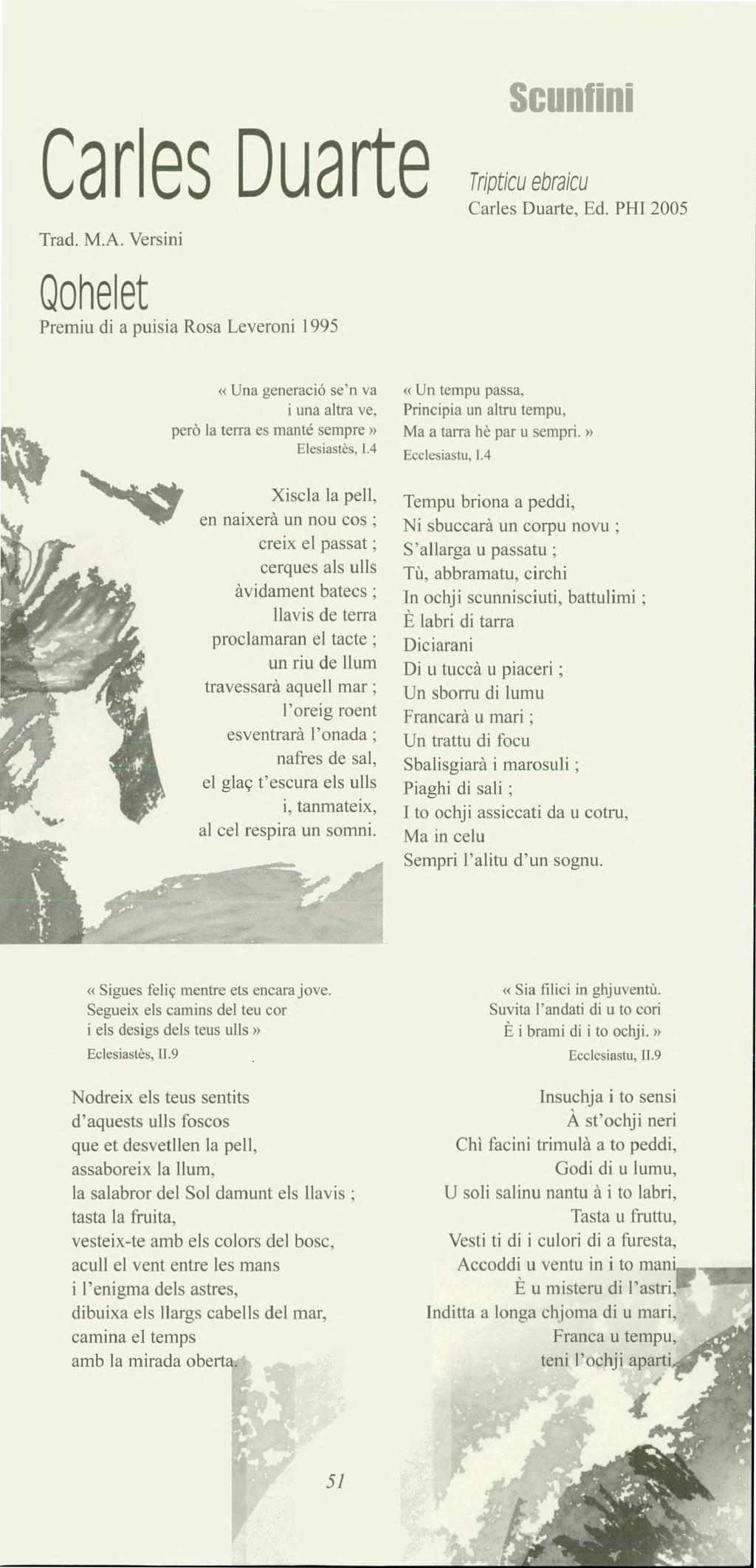 Carles Duarte Trad. M.A. Versini Qohelet Premiu di a puisia Rosa Leveroni 1995 Scunfinì Tripticu ebraicu Carles Duarte, Ed.