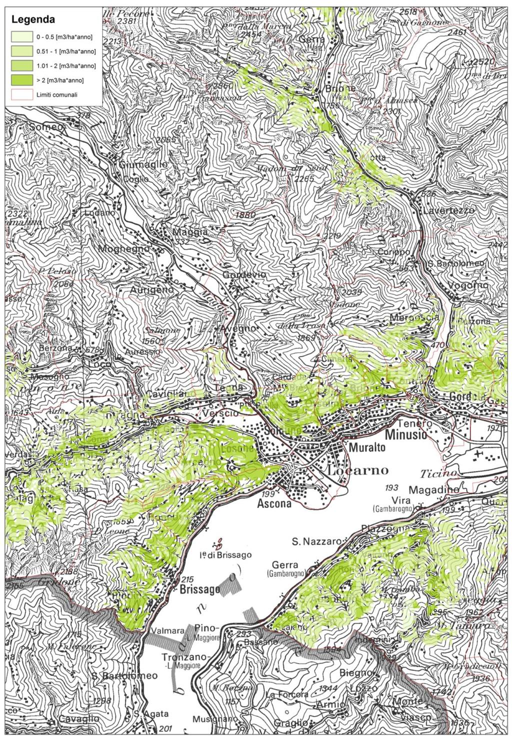 Figura 20 Caratterizzazione delle aree boscate nel Locarnese in relazione al