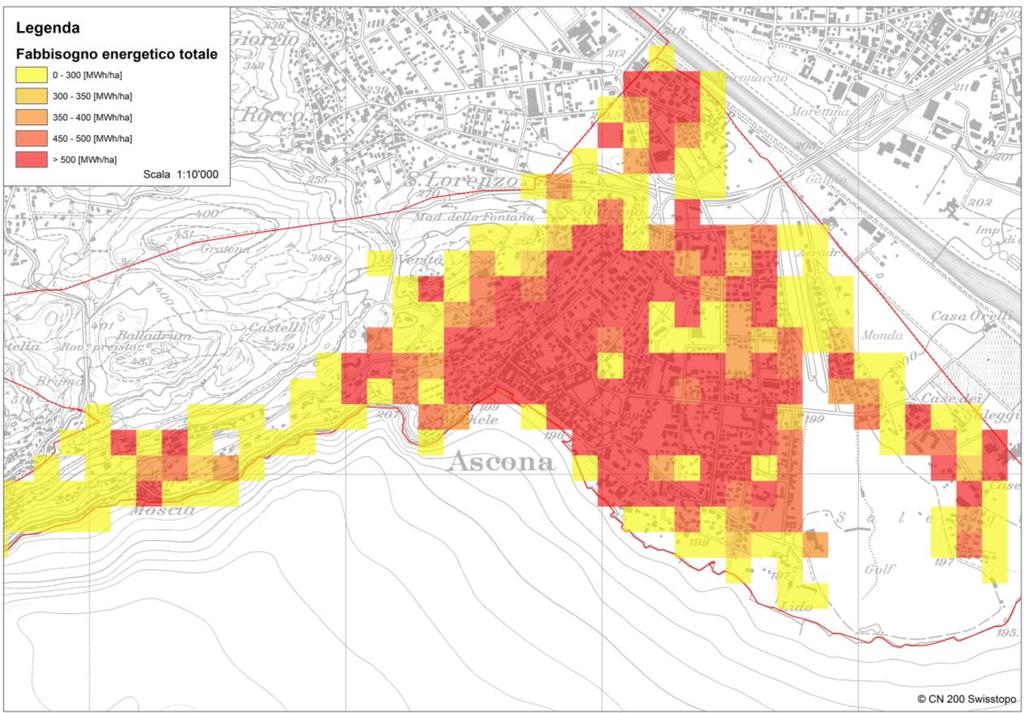 Figura 30 Densità territoriale di fabbisogno termico [MWh/anno ettaro] complessivamente espressa dal territorio comunale, anno di riferimento 2014.