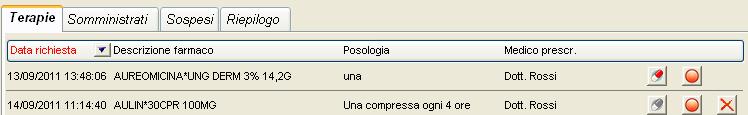I bottoni e permettono di registrare la somministrazione effettuata; il bottone sospende la terapia; il bottone cancella la prescrizione, tale azione è