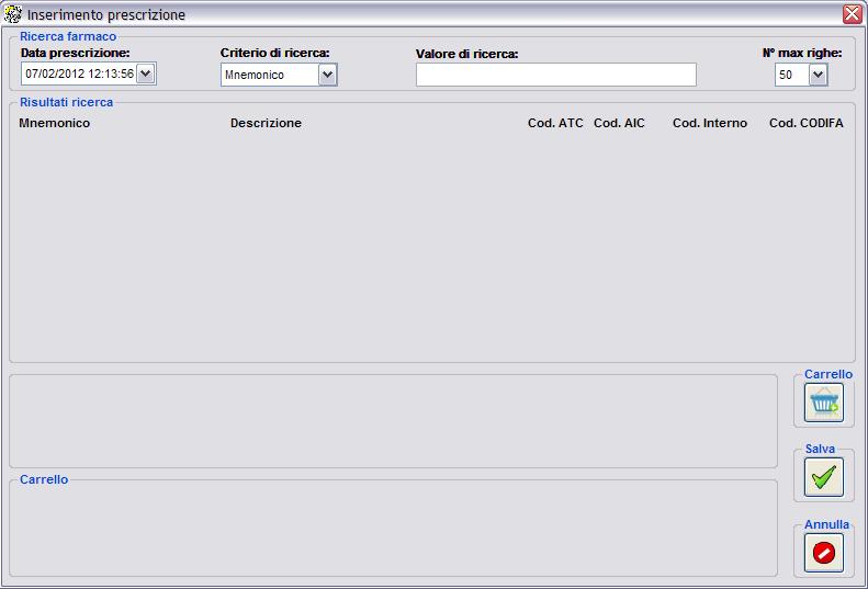 1.1 Prescrizione Per fare una nuova prescrizione occorre innanzitutto cliccare sul bottone facendo si apre la maschera seguente:, così Per ricercare il