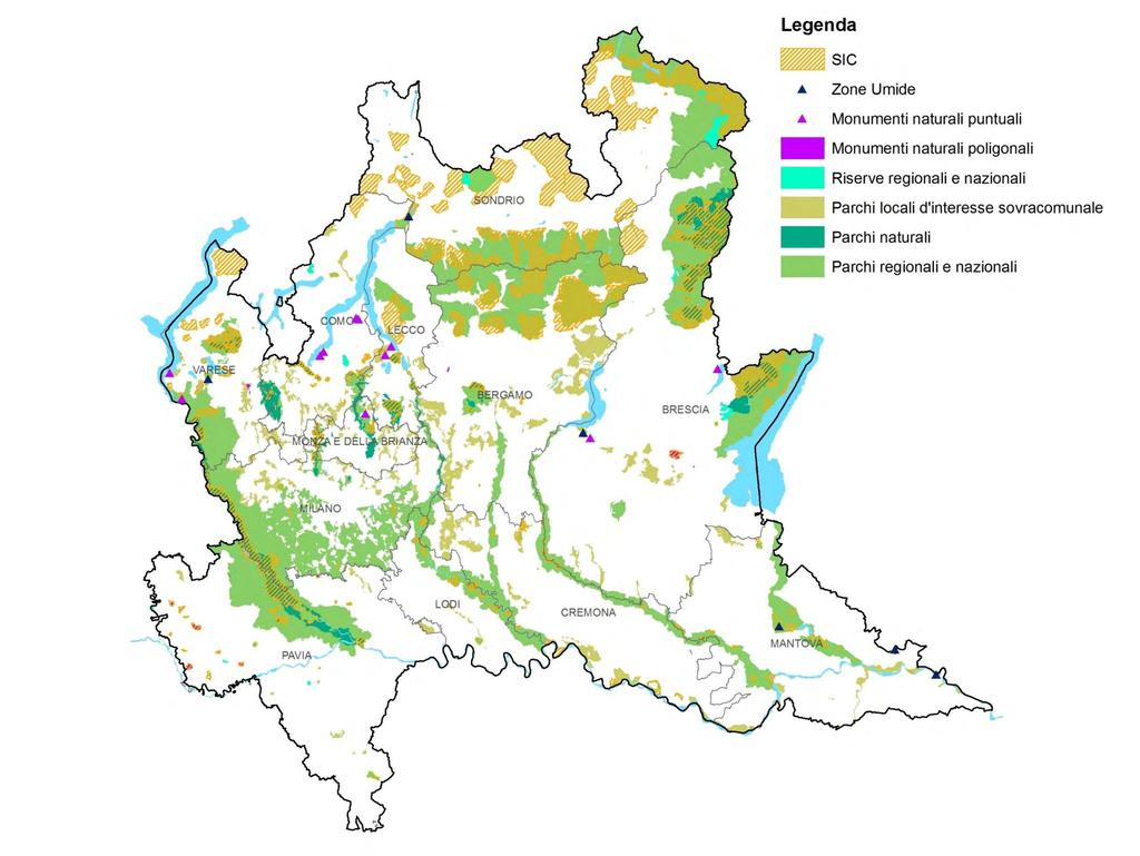 Figura 2-8. Sovrapposizioni di SIC con le Aree protette della Lombardia.