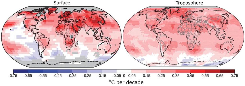 RISCALDAMENTO GLOBALE RECENTE 1979-2005 Il tasso di riscaldamento è maggiore e più localizzato