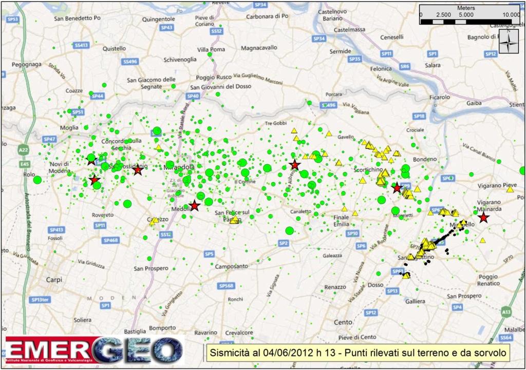 Fenomeni di liquefazione 2012 Localizzazione dell attività sismica e delle liquefazioni.