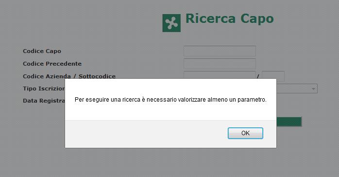 Figura 14 - Messaggio di allerta Per avviare la ricerca cliccare sul tasto Cerca. Cliccando, invece, sul tasto Indietro si ritorna alla pagina di menù Semplificazione Movimentazione.