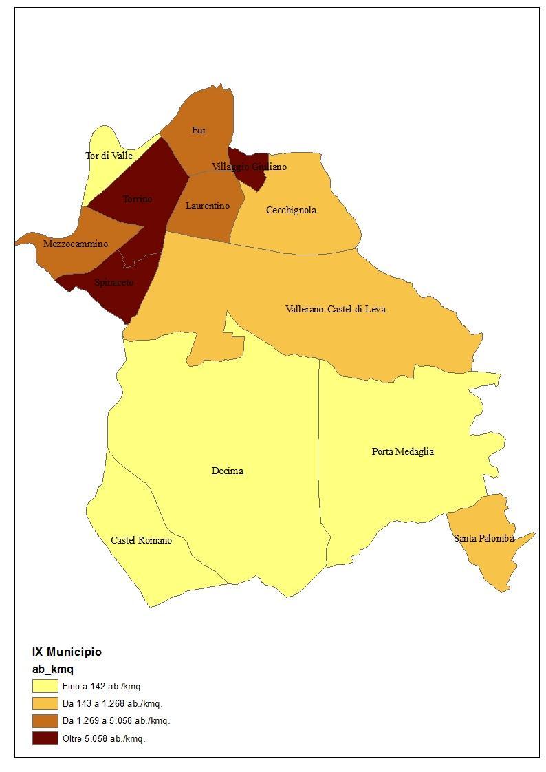 LA POPOLAZIONE COMPLESSIVA RESIDENTE Densità della popolazione complessiva residente nelle zone urbanistiche del IX Municipio. Anno 2013 