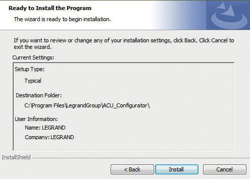 La procedura di installazione suggerisce la cartella: C:\Program Files\LegrandGroup\ACU_\