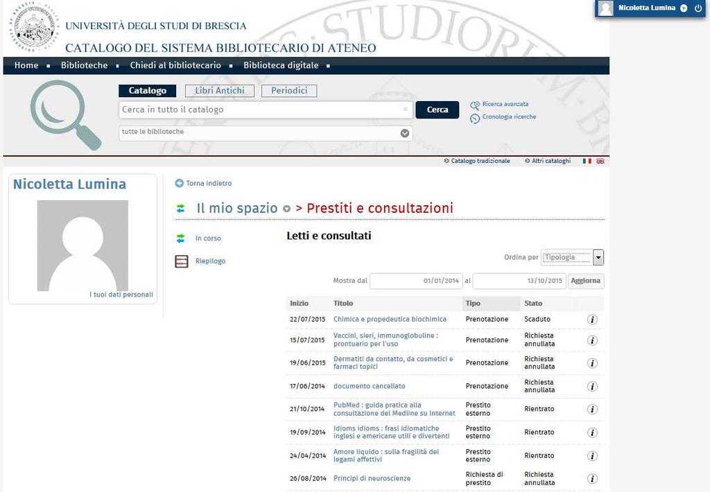 CATALOGO e SERVIZI INTEGRATI: area personale In Letti