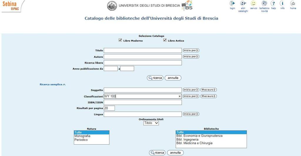 Ricerca per classificazione: Es: WY 100 =