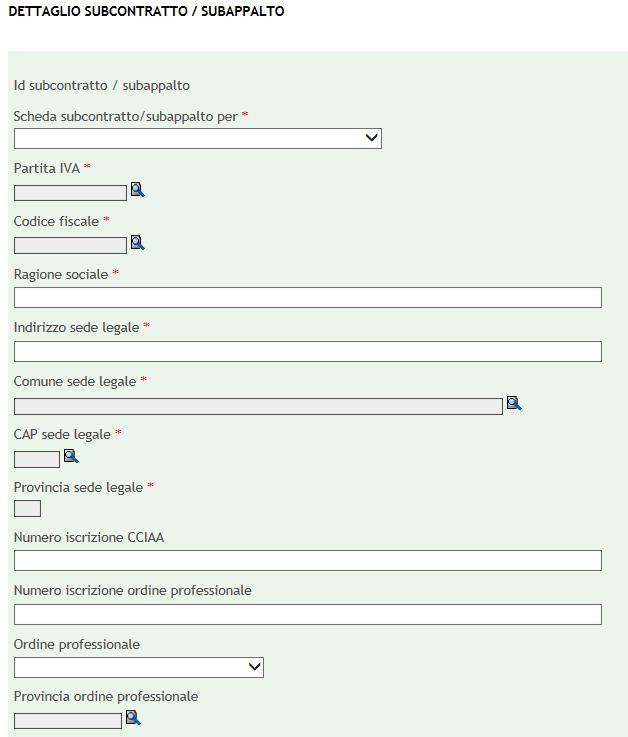 Inserimento subappalto Per ciascun subcontratto/subappalto occorre riportare