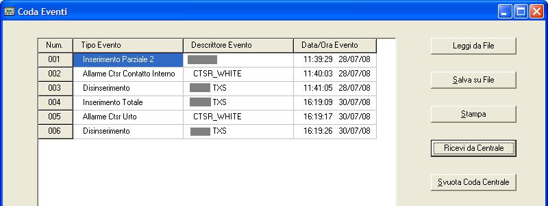 DOPO aver ricevuto dalla centrale i dati relativi alla sua configurazione è possibile ottenere la Coda Eventi. Per visualizzare gli eventi memorizzati scegliere Coda eventi dal menù File.