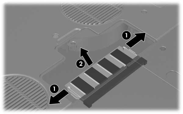 Moduli di memoria 8. Rimuovere o inserire il modulo di memoria. Per rimuovere un modulo di memoria: a. Sganciare i gancetti di fissaggio sui due lati del modulo 1. Il modulo si inclinerà verso l'alto.