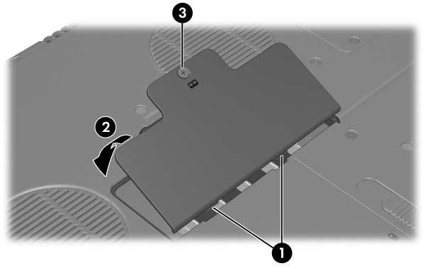 Moduli di memoria 9. Per chiudere lo scomparto di espansione del modulo di memoria: a. Allineare le linguette del coperchio dello scomparto agli incavi sul notebook 1. b.