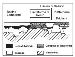 Figura 2- Sezione palinspastica attraverso il settore orientale del margine continentale sudalpino (Bosellini et al.