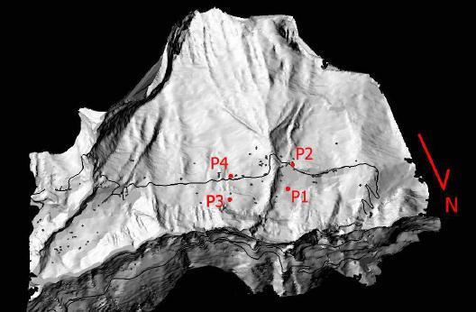 Figura 14 Localizzazione dei piezometri installati nel 1961 Di questi, il P 4 non funzionò mai come piezometro e solo il P 2 raggiunse gli strati del Calcare del Vajont.