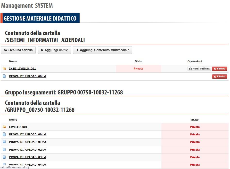 Insegnamento associato ad un gruppo insegnamenti In tale caso accedendo alla cartella dell insegnamento, dopo aver cliccato sul relativo nome, viene visualizzata la sezione di gestione delle