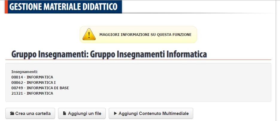 Aggiunta contenuto di vario tipo alle cartelle. Selezionando un gruppo di insegnamenti è possibile creare cartelle, caricare files e contenuti multimediali.