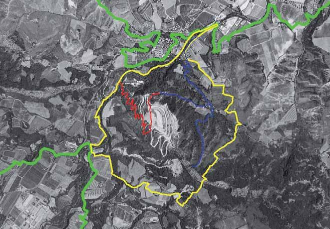 Fig. 1 Area di studio (in giallo); transetti d ascolto (in rosso e blu); confine del Parco regionale della Vena del Gesso Romagnola (in verde) (scala 1:15.000).