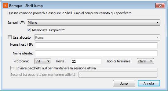 Per avviare una sessione Shell Jump, aprire la finestra di dialogo Shell Jump in uno dei seguenti modi: Il menu Supporto della console del tecnico di supporto Il pulsante Shell Jump nella parte