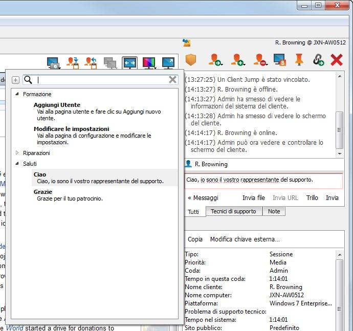 CHAT CON UN CLIENTE DURANTE UNA SESSIONE Per l'intera durata della sessione, il tecnico di supporto può chattare con il cliente remoto.