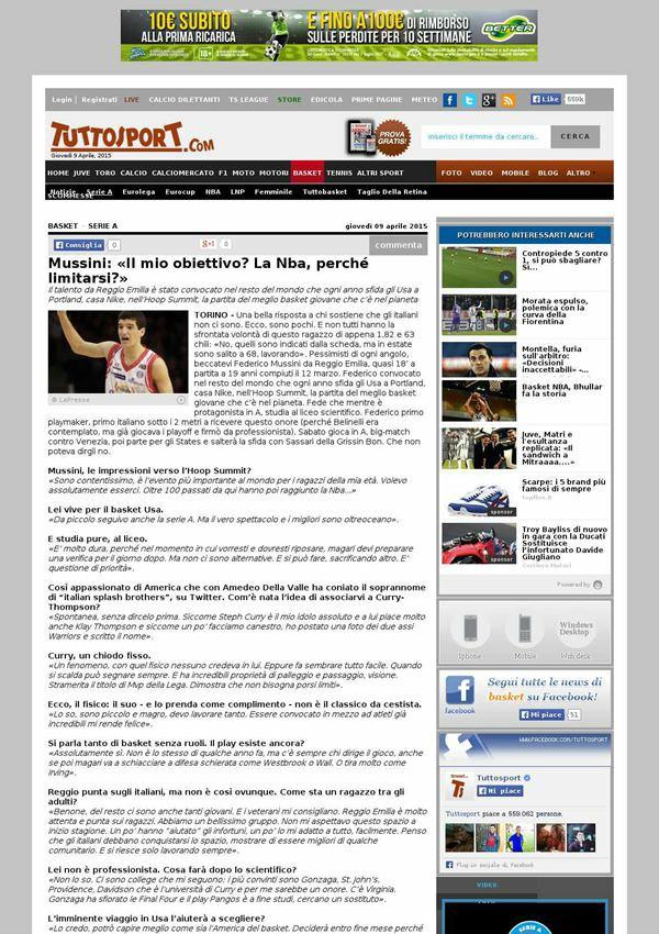 tuttosport.com Mussini: «Il mio obiettivo? La Nba, perché limitarsi?