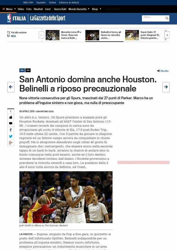 gazzetta.it San Antonio domina anche Houston. Belinelli a riposo precauzionale Nona vittoria consecutiva per gli Spurs, trascinati dai 27 punti di Parker.