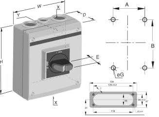 Sezionatori in custodia OTP 6A... 25A Dimensioni di ingombro Flangia B SDC0038F090 Sezionatore tipo E W H D A B Ø G X Y 3-poli OTP 25...32_3P 33 30 50 60 5 36 5 2xPg2+Pg 2xØ29+Ø9 OTP 25.