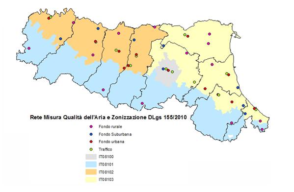 Infine questa ultima figura mostra il posizionamento finale delle stazioni di monitoraggio della RRQA sul territorio della Provincia di Rimini. N.B.