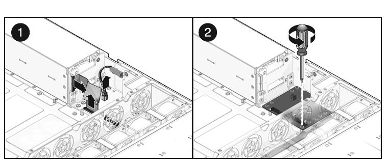 FIGURA 6-13 Rimozione di un alimentatore (server SPARC Enterprise T5140) 4. Disconnettere il cavo di interblocco della copertura anteriore dalla scheda di distribuzione dell'alimentazione. 5.