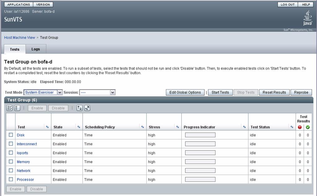 FIGURA 2-4 Interfaccia browser di SunVTS 4. (Opzionale) Selezionare le categorie di test che si desidera eseguire.