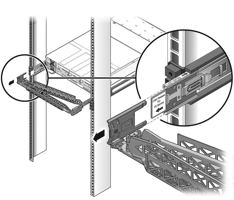 FIGURA 3-2 Leva di metallo e braccio di gestione dei cavi Attenzione Se necessario, incaricare due persone dello smontaggio e del trasporto dello chassis. 4.